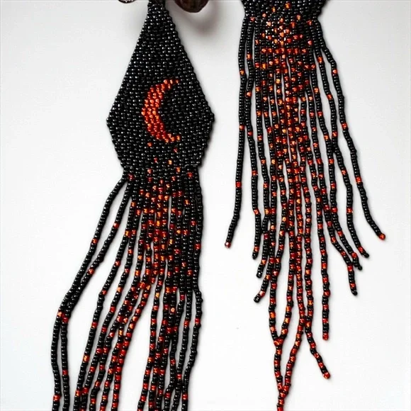 Hand Beaded Black/Red Extra Long Boho Crescent Moon Earrings - Picture 12 of 16